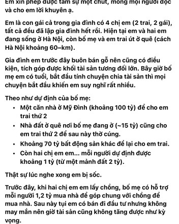 Mọi người đã đọc cái bài tâm sự bố mẹ chia gia sản cho 4 người con theo tư tưởng trọng nam khinh nữ chưa? - 1