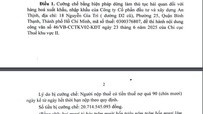 🏗️ An Thịnh Corp bị cưỡng chế thuế hơn 20 tỷ, tạm dừng làm thủ tục hải quan  - 1