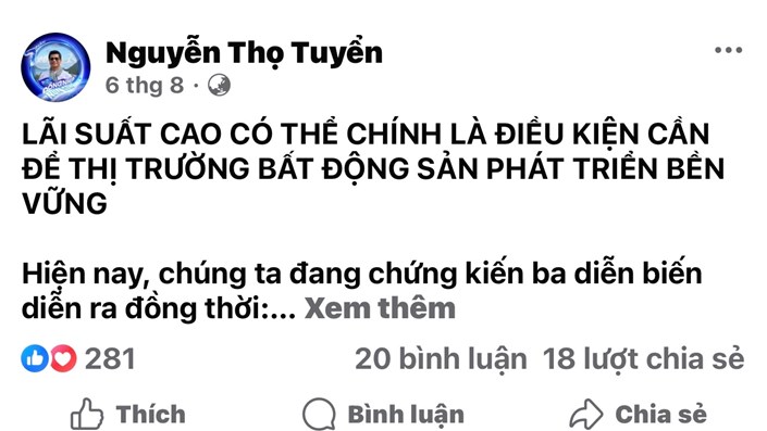 Ông Nguyễn Thọ Tuyển BHS Group cho rằng: Lãi suất cao là điều kiện cần cho BĐS phát triển bền vững, tôi xin thả một tim cho ý kiến này! - 1