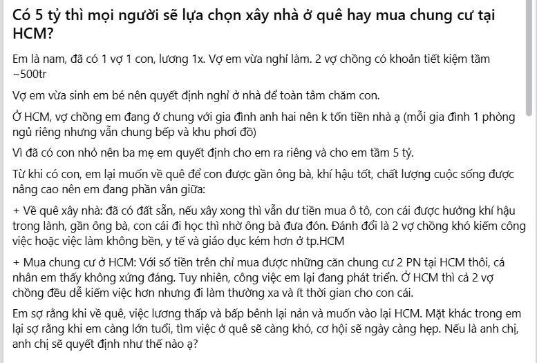 Có một thời, câu hỏi quen thuộc trên các diễn đàn tài chính cá nhân thường là: “Có 2–3 tỷ thì nên mua nhà ở thành phố hay về quê xây nhà?” - 1
