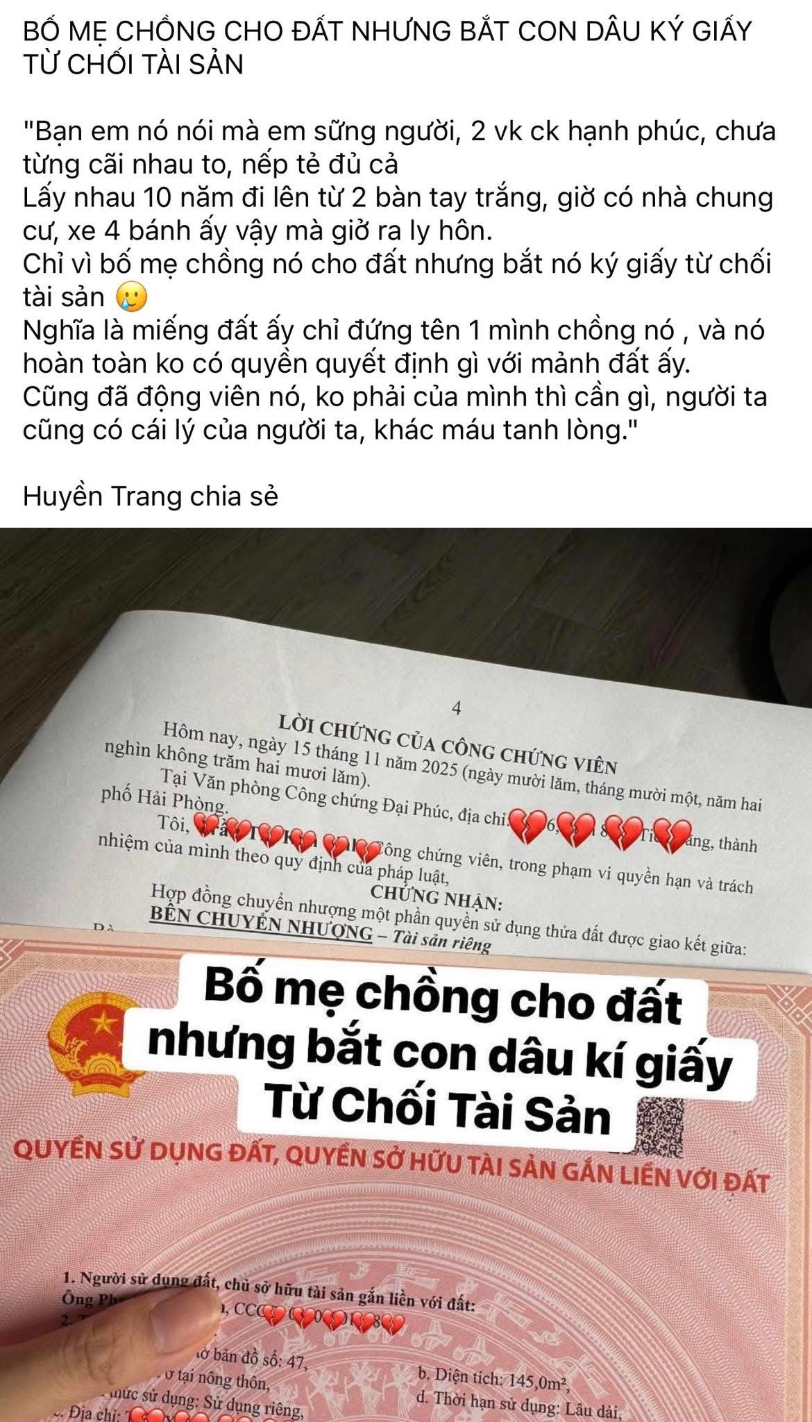 Bố mẹ chồng cho đất nhưng bắt con dâu ký giấy từ chối tài sản, thế nào các bác!? - 1