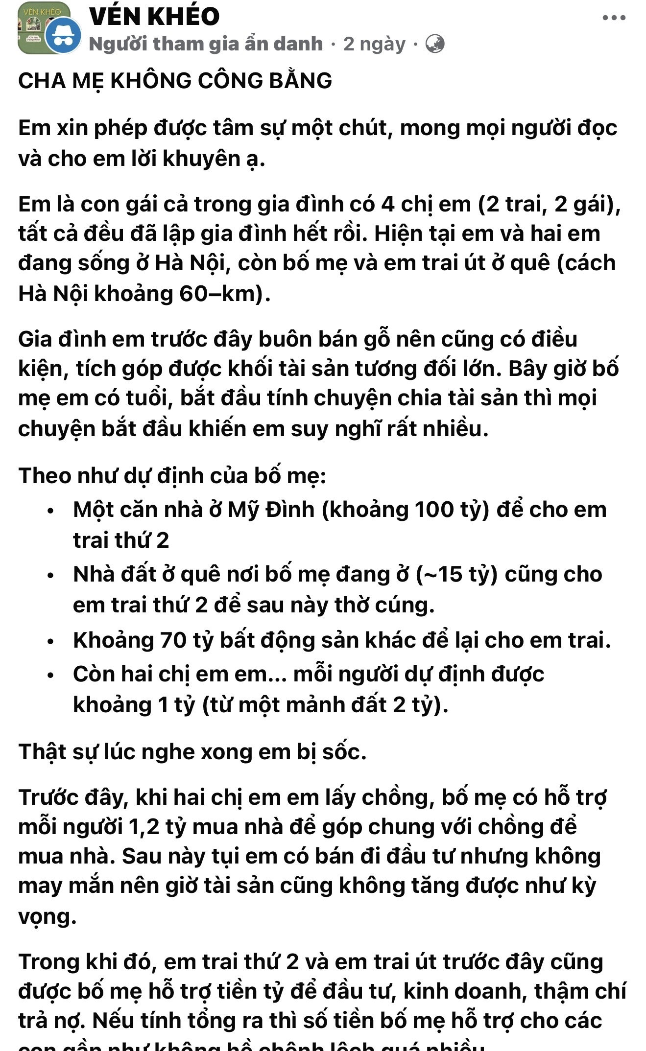 Mọi người đã đọc cái bài tâm sự bố mẹ chia gia sản cho 4 người con theo tư tưởng trọng nam khinh nữ chưa? - 1