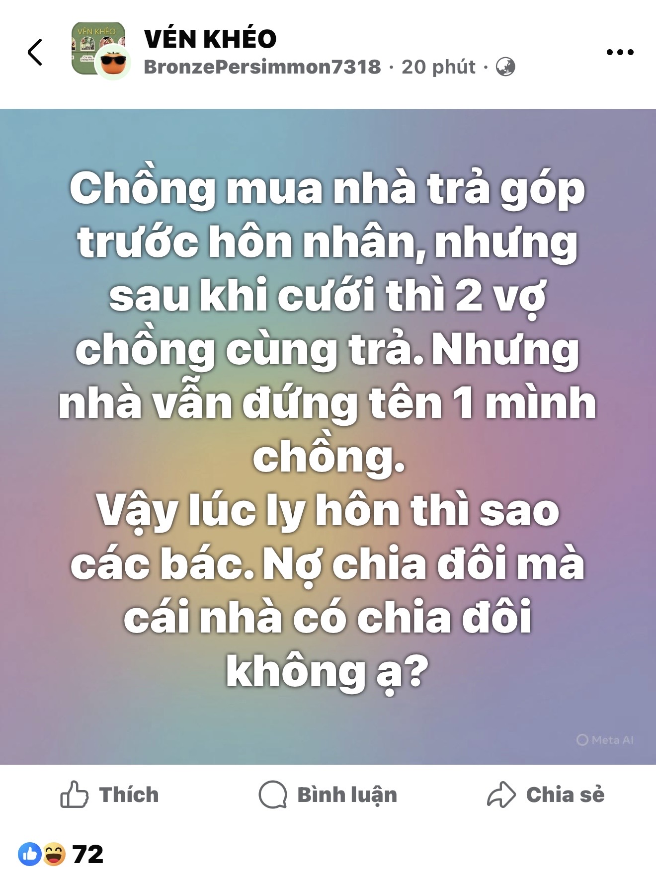 Nữ chính "bó cẩn" một cách hợp lý: Theo các bác, chồng mua nhà trả góp trước hôn nhân, nhưng sau khi cưới thì 2 vợ chồng cùng trả, nhưng nhà vẫn đứng tên 1 mình chồng, vậy lúc ly hôn thì sao các bác? - 1