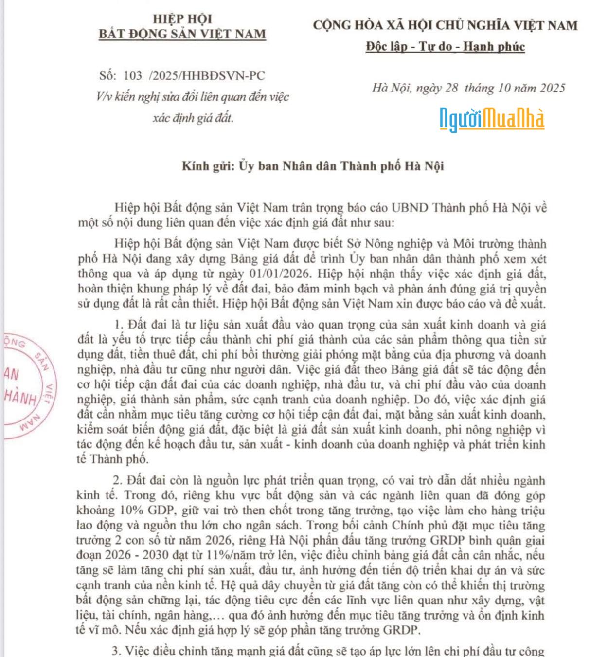 ✋⚡️Hiệp hội Bất động sản Việt Nam vừa có công văn gửi UBND TP Hà Nội v/v kiến nghị sửa đổi liên quan xác định giá đất.  - 2