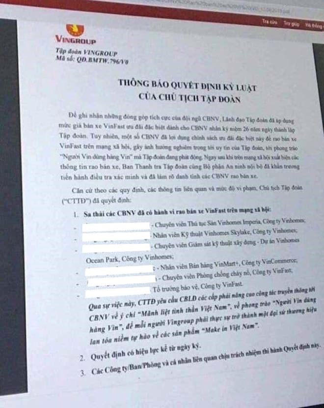 Ảnh chụp quyết định kỷ luật của nhân viên tập đoàn Vingroup.