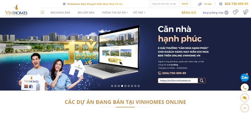 Giao diện trang chủ của Vinhomes Online