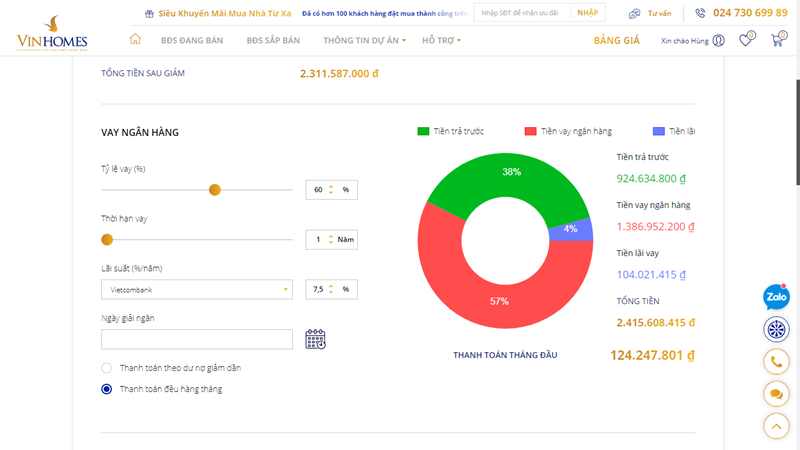 Tính năng “tính thử giá” của Vinhomes online