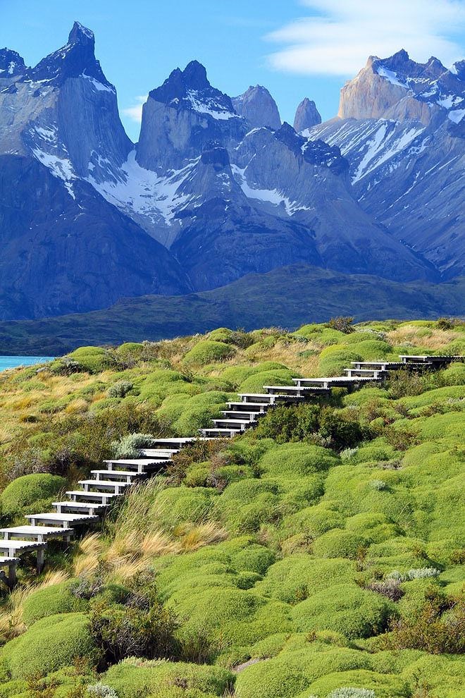 4. Patagonia, Chile. Những bậc thang gỗ này được thiết kế riêng cho những người đi bộ khi khám phá vùng núi hoang dã Patagonia. Nằm dọc theo sống mũi của Nam Mỹ, Patagonia là một trong những kỳ quan thiên nhiên đẹp nhất trên thế giới hiện nay.