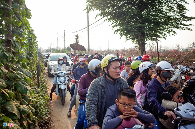 Ngày 27/1, thời tiết nắng ấm, nhiều người kéo nhau đến vườn hoa Nhật Tân (Hà Nội) khiến con đường vào đây luôn trong tình trạng ùn tắc.