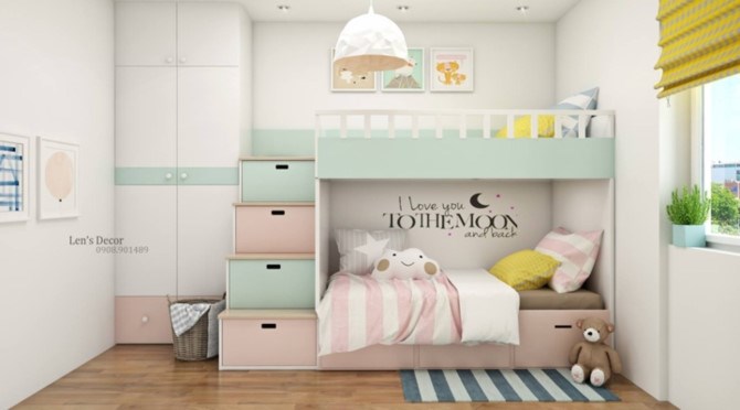 Phòng ngủ có tủ dựng quần áo, các cầu thang của giường ngủ được thiết kế theo dạng ngăn kéo.