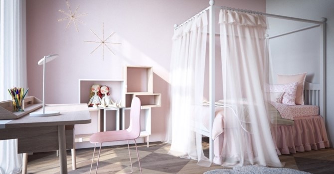 Phòng ngủ của trẻ nổi bật với chiếc giường có rèm màu hồng bao quanh.