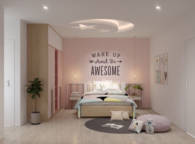 Tủ và giường ngủ được kê ở trong phòng ngủ sơn màu hồng phấn tạo không gian ấm áp.