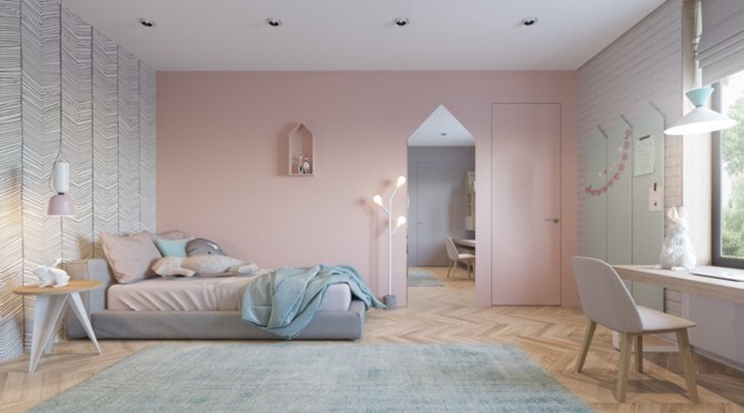 Phòng ngủ có sự pha trộn giữa màu hồng, xanh, kẻ xám trên nền trần màu trắng. Ở dưới nền nhà lát gạch kẻ vàng.