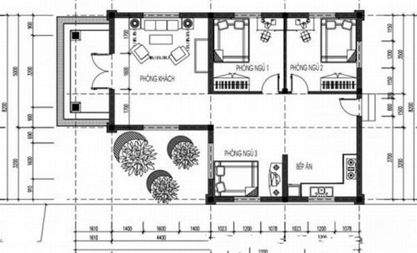 Đây là mẫu nhà cấp 4 với thiết kế 3 phòng ngủ, 1 phòng khách và 1 phòng ăn vô cùng tiện lợi.
