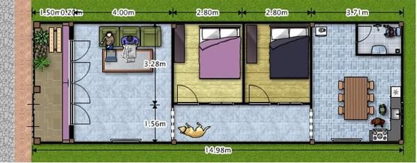 Dù diện tích nhỏ nhưng mẫu nhà này vẫn được thiết kế với 2 phòng ngủ, 1 phòng khách và 1 phòng bếp kết hợp nhà vệ sinh nên vẫn đảm bảo sự tiện lợi cho gia chủ. 