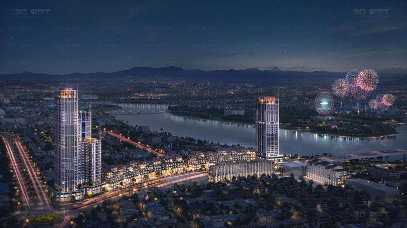 Phối cảnh 2 t&ograve;a căn hộ thuộc dự &aacute;n Sun Cosmo Residence Đ&agrave; Nẵng tọa lạc b&ecirc;n bờ S&ocirc;ng H&agrave;n.
