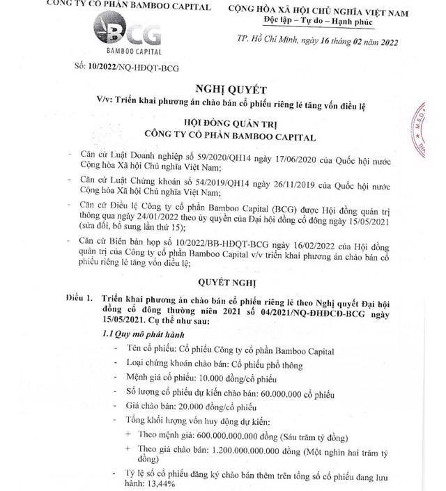 Kế hoạch ch&agrave;o b&aacute;n 60 triệu cổ phiếu để c&oacute; vốn r&oacute;t v&agrave;o mảng bất động sản của Bamboo Capital. &nbsp;