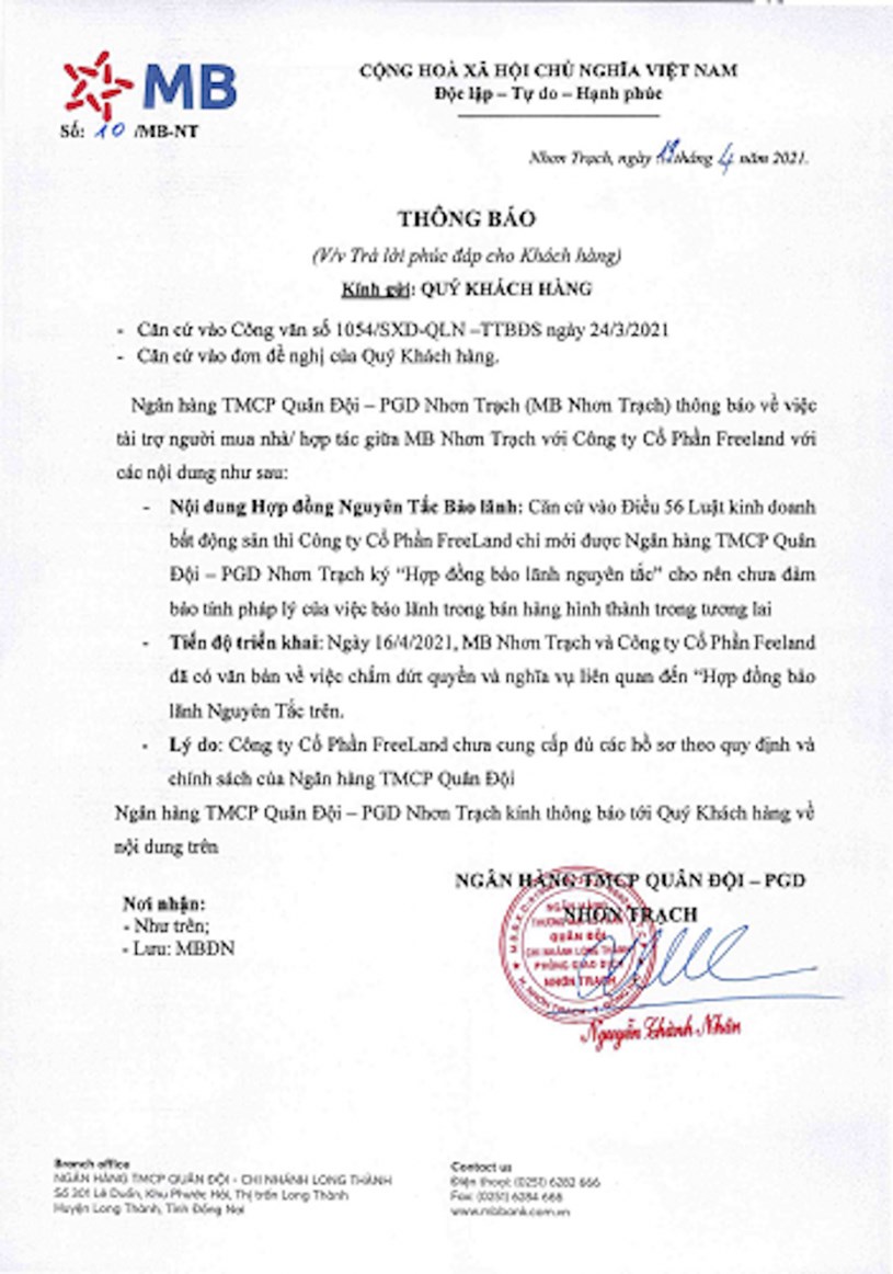 Văn bản từ chối "bảo l&atilde;nh" của Ng&acirc;n h&agrave;ng MB, ng&agrave;y 19/4/2021. &nbsp;