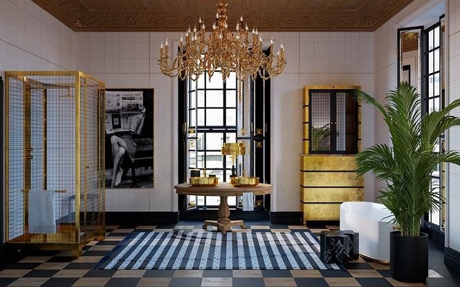 Phòng tắm được trang trí đẹp mắt với hai chiếc bàn cẩm thạch, bàn gỗ chạm khắc cầu kỳ và nổi bật nhất là bồn tắm vàng.