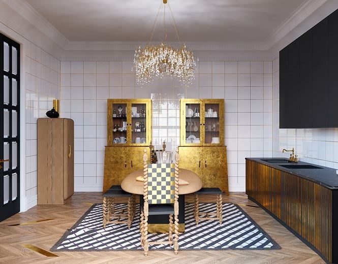 Một cặp tủ bếp song sinh đứng cạnh nhau để đựng đồ sứ và thủy tinh trong nhà bếp, tất nhiên hai chiếc tủ cũng được làm từ vàng.