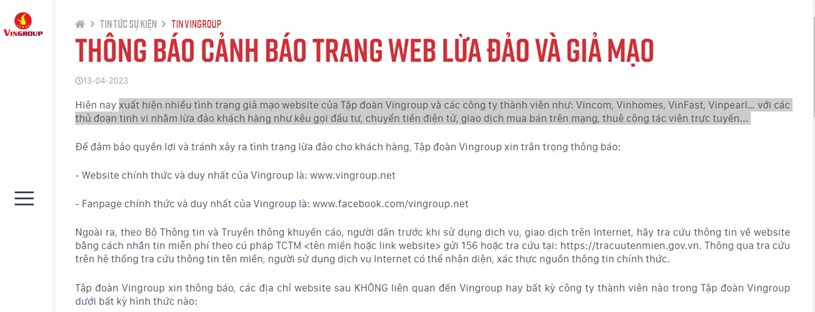 16 website giả mạo VinGroup để lừa đảo k&#234;u gọi đầu tư, chuyển tiền điện tử bị Tập đo&#224;n chỉ đ&#237;nh danh - Ảnh 1