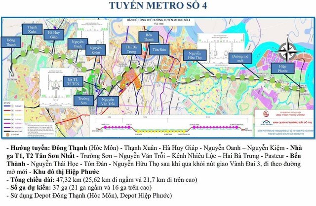 Metro số 4 chạy từ Đ&ocirc;ng Thạnh (H&oacute;c M&ocirc;n) - cửa ng&otilde; khu T&acirc;y, qua trung t&acirc;m (Bến Th&agrave;nh) v&agrave; k&eacute;o thẳng đến khu đ&ocirc; thị Hiệp Phước tại Nam TP.HCM - cửa ng&otilde; T&acirc;y Nam Bộ.