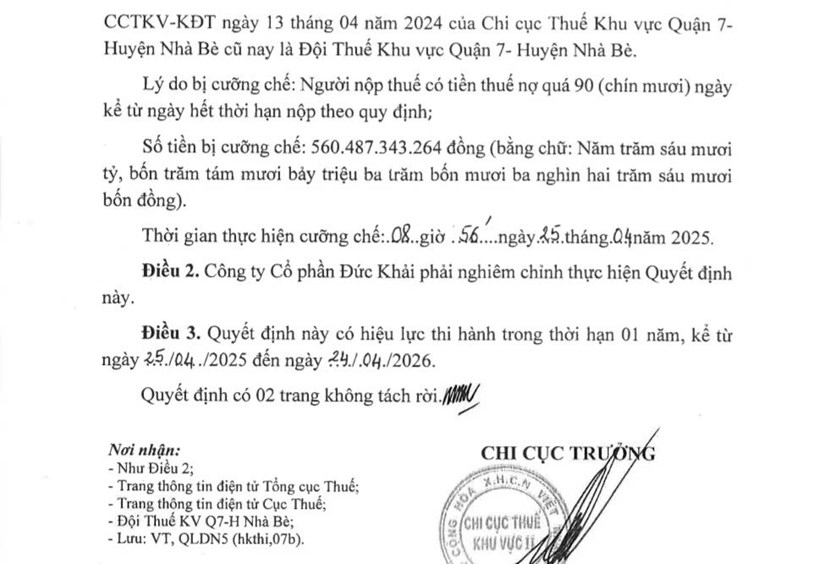 C&ocirc;ng ty cổ phần Đức Khải nợ tiền thuế gần 561 tỷ đồng