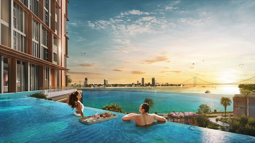 Bể bơi v&ocirc; cực hướng s&ocirc;ng H&agrave;n thuộc quần thể. Ảnh phối cảnh minh họa Sun Property