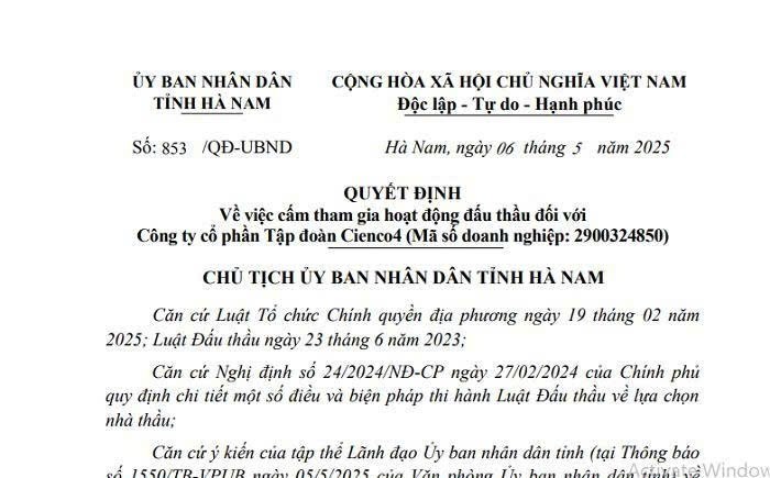 UBND tỉnh H&agrave; Nam ban h&agrave;nh quyết định cấm C&ocirc;ng ty Cổ phần Tập đo&agrave;n Cienco4 đấu thầu trong thời hạn 4 năm.&nbsp;