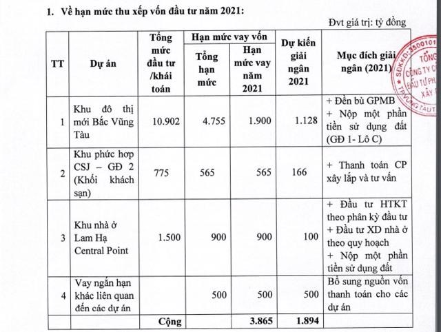 Chi tiết hạn mức thu xếp vốn đầu tư năm 2021. Nguồn: T&agrave;i liệu ĐHĐCĐ thường ni&ecirc;n 2021 của DIG &nbsp;