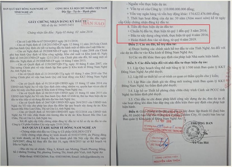 Theo giấy chứng nhận đăng k&yacute; đầu tư do Ban quản l&yacute; KKT Đ&ocirc;ng Nam Nghệ An cấp ng&agrave;y 02/02/2016 th&igrave; tiến độ Golden Resort Cửa L&ograve; dự kiến ho&agrave;n th&agrave;nh, đưa v&agrave;o sử dụng từ qu&yacute; 4/2019.
