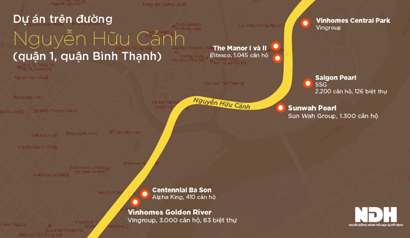 Danh sách các dự án trên đường Nguyễn Hữu Cảnh. Đồ hoạ: Liên Hương.