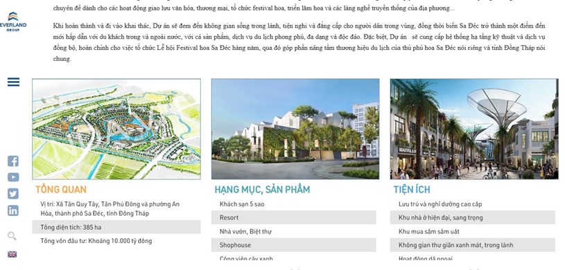 Th&ocirc;ng dự &aacute;n tổ hợp đ&ocirc; thị -&nbsp; du lịch Flower World Sa Đ&eacute;ctr&ecirc;n website của EverLand Group - ảnh chụp m&agrave;n h&igrave;nh
