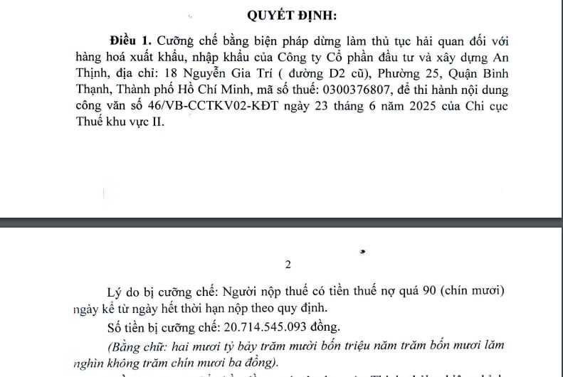 Quyết định cưỡng chế thuế đối với C&ocirc;ng ty cổ phần Đầu tư v&agrave; x&acirc;y dựng An Thịnh.