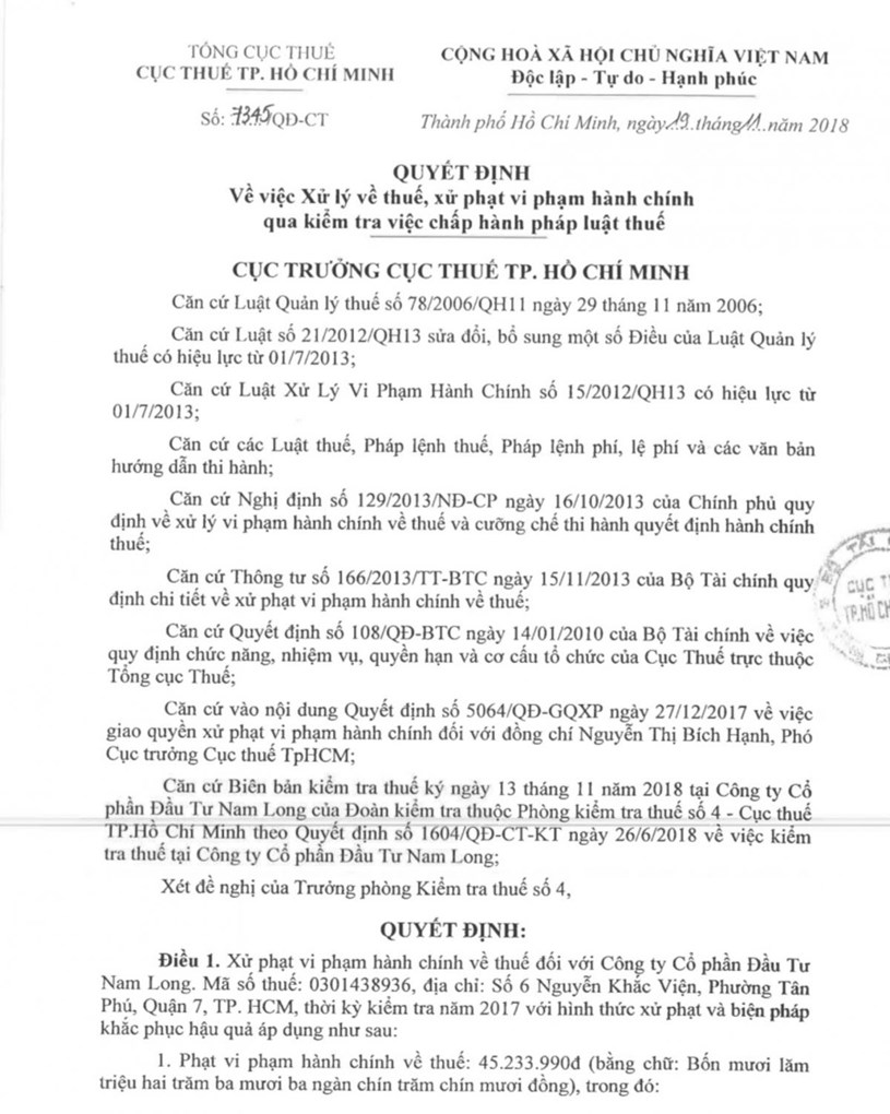 Quyết định xử phạt của Cục thuế TP HCM đối với Nam Long.
