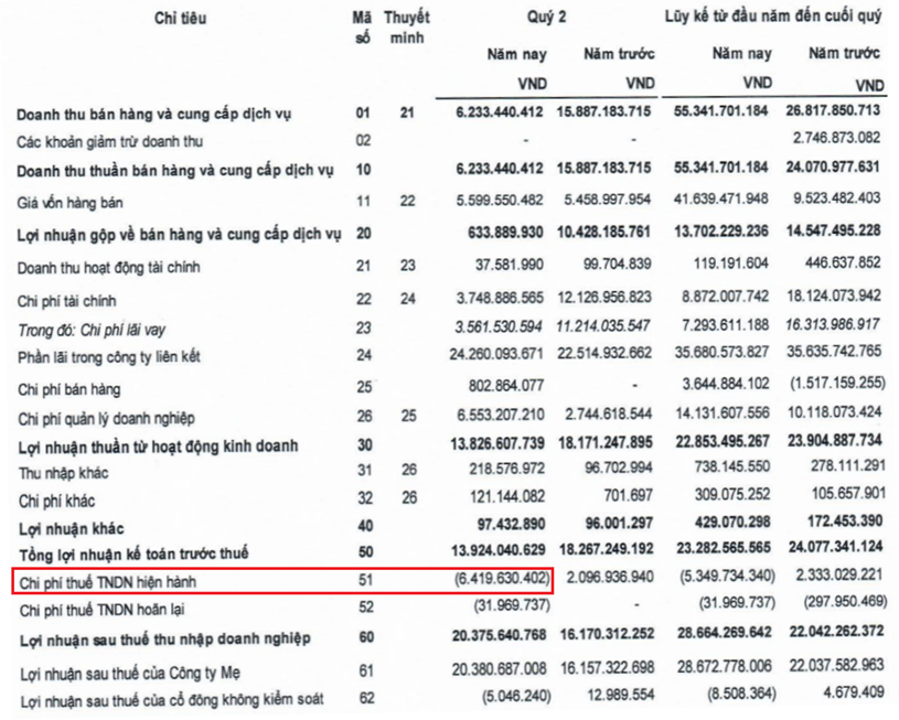 Kết quả kinh doanh của DRH Holdings tăng trưởng nhờ được ho&agrave;n thuế. (Nguồn: BCTC hợp nhất qu&iacute; II/2020)