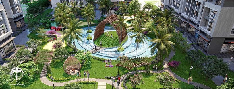 Dưới ch&acirc;n 4 t&ograve;a th&aacute;p căn hộ The Pavilion l&agrave; một ốc đảo xanh m&aacute;t với 2/3 kh&ocirc;ng gian c&acirc;y xanh, mặt nước, 18 chủng loại thực vật được bố tr&iacute; theo 3 tầng c&acirc;y bao phủ từ cao tới thấp. Ảnh: Vinhomes &nbsp;
