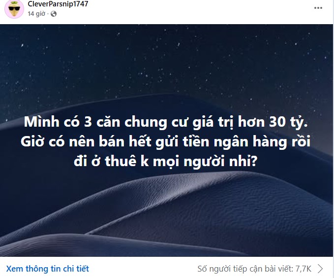 “Mình có 3 căn chung cư tổng giá trị hơn 30 tỷ. Giờ có nên bán sạch gửi ngân hàng ăn lãi rồi đi ở thuê không mọi người?” - Ảnh 1