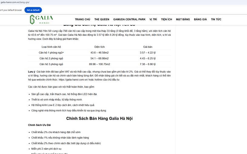 Những ch&iacute;nh s&aacute;ch b&aacute;n h&agrave;ng hấp dẫn ở dự &aacute;n Galia H&agrave; Nội được quảng c&aacute;o tr&ecirc;n website&nbsp;https://galia-hanoi.com.vn/