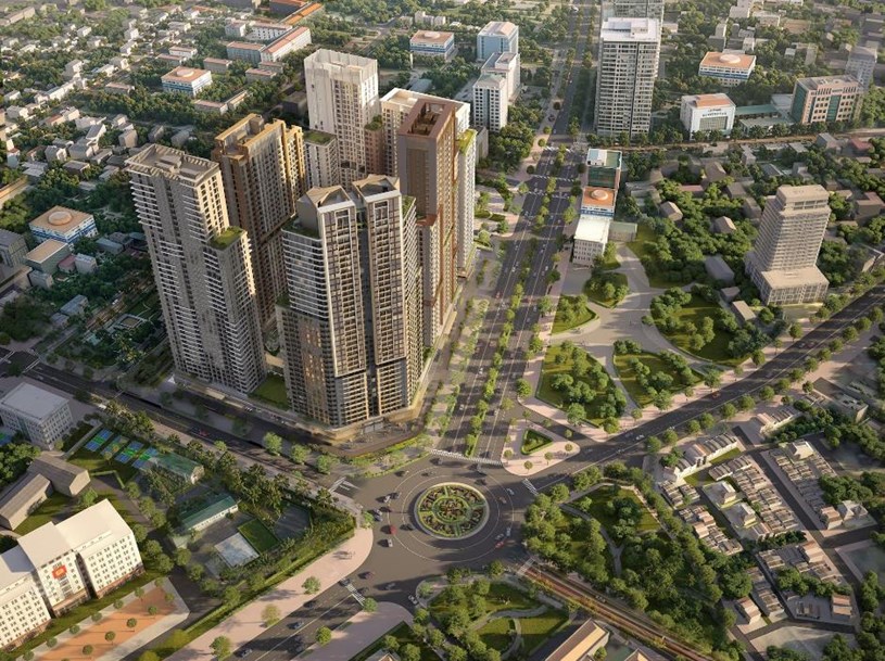 Phối cảnh Tổ hợp Trường Vinh với 5 t&ograve;a th&aacute;p hiện đại, kết hợp h&agrave;i h&ograve;a giữa kh&ocirc;ng gian sống, thương mại v&agrave; mảng xanh rộng lớn. Ảnh: &Aacute;nh Dương.
