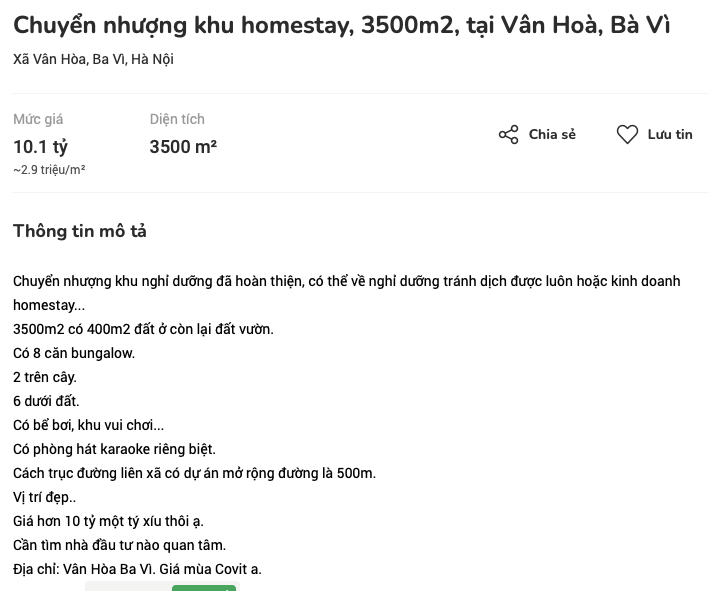 Th&ocirc;ng tin rao b&aacute;n khu homestay.