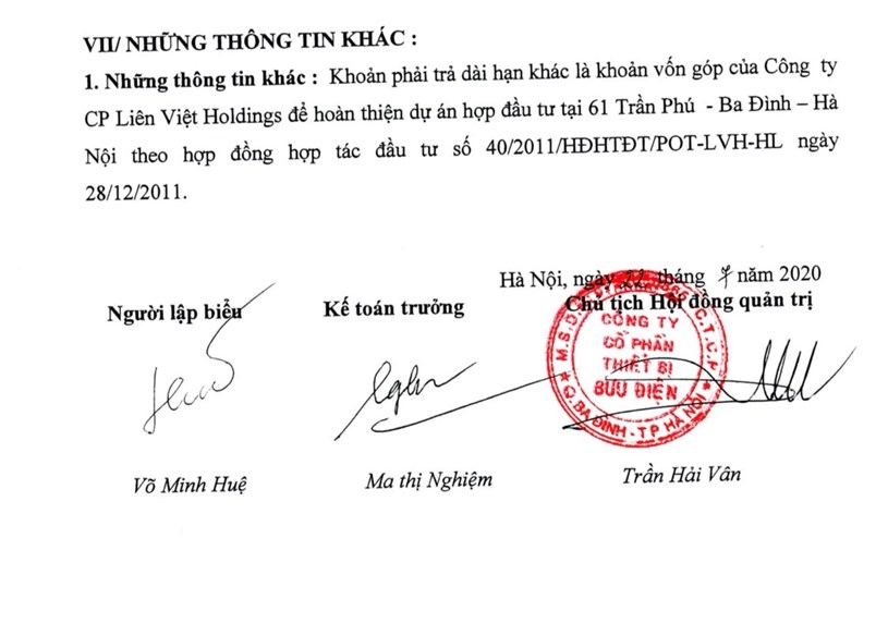 Hiện C&ocirc;ng ty CP Thiết bị Bưu Điện vẫn đang hạch to&aacute;n phải trả khoản g&oacute;p vốn của C&ocirc;ng ty Li&ecirc;n Việt Holdings.