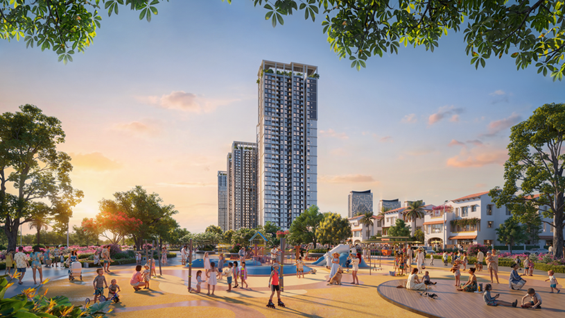 Tổ hợp căn hộ Beachtro Tower nằm kế cận c&aacute;c đại c&ocirc;ng vi&ecirc;n (Ảnh phối cảnh dự &aacute;n: Sun Property).&nbsp;