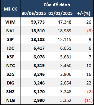 Top 10 doanh nghiệp BĐS c&oacute; của để d&agrave;nh lớn nhất (Đvt: Tỷ đồng)&nbsp;Nguồn:&nbsp;VietstockFinance