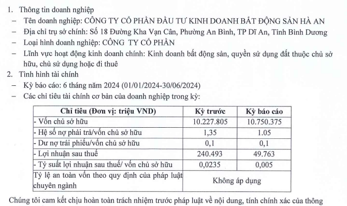 C&ocirc;ng ty Cổ phần Đầu tư Kinh doanh Bất động sản H&agrave; An c&ocirc;ng bố th&ocirc;ng tin định kỳ về t&igrave;nh h&igrave;nh t&agrave;i ch&iacute;nh b&aacute;n ni&ecirc;n năm 2024 gửi Sở Giao dịch Chứng kho&aacute;n H&agrave; Nội (HNX).