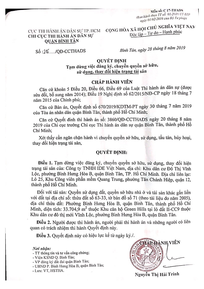 Quyết định của Chi cục thi hành án về việc tạm ngừng giao dịch, chuyển nhượng tại dự án Green Town Bình Tân