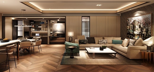 Phối cảnh phòng khách dự án căn hộ hàng hiệu đầu tiên tại Việt Nam mang thương hiệu Ritz-Carlton huyền thoại.