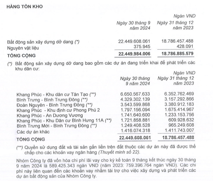Hai đại dự &aacute;n l&agrave; Khu d&acirc;n cư T&acirc;n Tạo v&agrave; B&igrave;nh Trưng Đ&ocirc;ng chiếm phần lớn gi&aacute; trị h&agrave;ng tồn kho của Khang Điền.