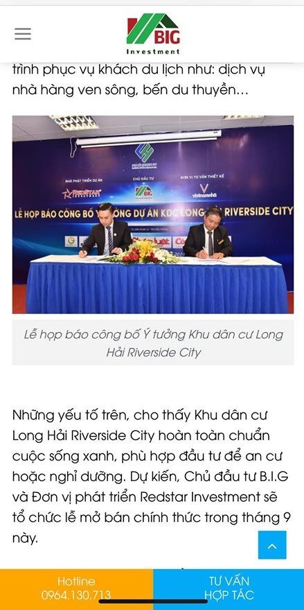 Dù chưa có pháp lý, nhưng tháng 7/2019 Công ty B.I.G vẫn tổ chức ký kết công bố và bán dự án Long Hải Riverside City (ảnh chụp màn hình website của Công ty).