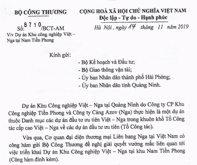 Văn bản của Bộ Công Thương gửi 2 bộ và tỉnh Quảng Ninh, TP. Hải Phòng về giải quyết vướng mắc dự án khu công nghiệp Việt - Nga.